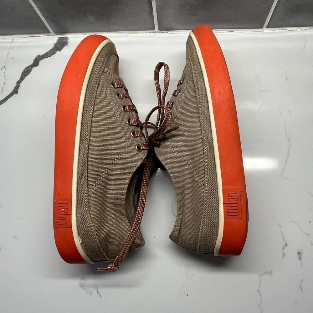 Fitflop Sneakers Tan Canvas with Red soles and Red/white stripe Laces size 7